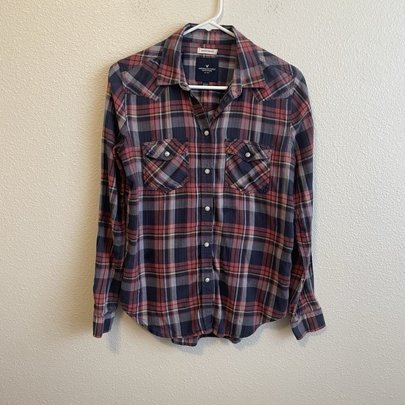 American Eagle Outfitters Tops - American Eagle Plaid Western Shirt Boyfriend Fit Long Sleeve Small